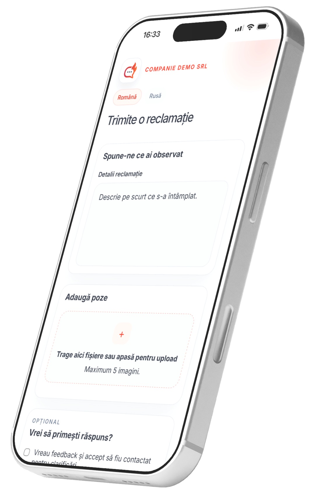 Previzualizare formular ClaimDesk pe iPhone